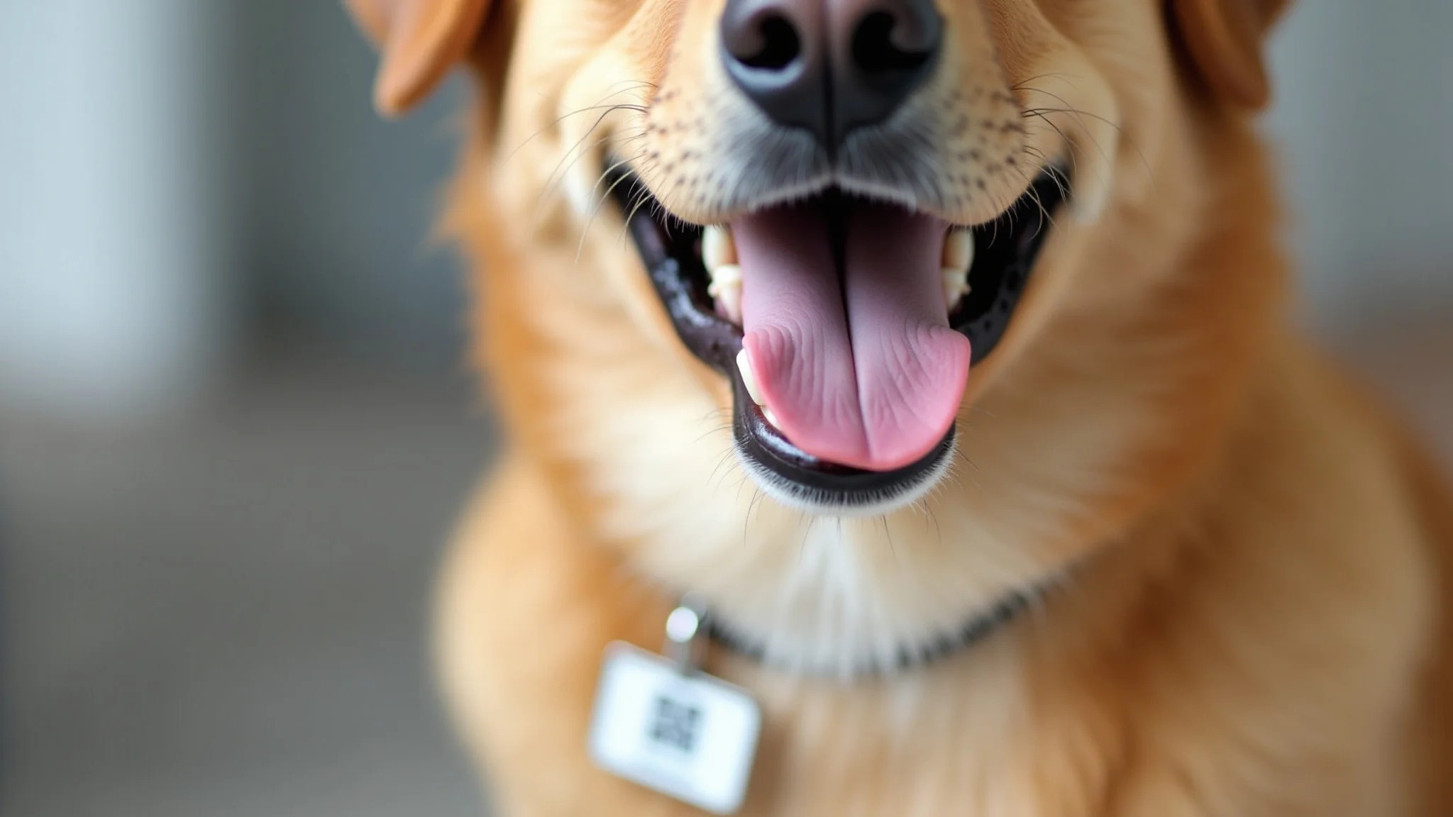 Cachorro feliz usando RG animal oficial com QR code visível.