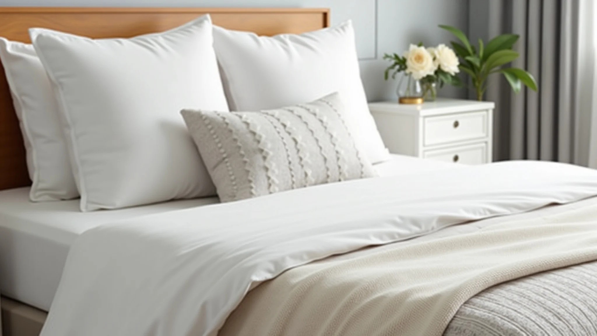 Cama de hotel impecável com lençóis brancos, almofadas decorativas e manta dobrada.
