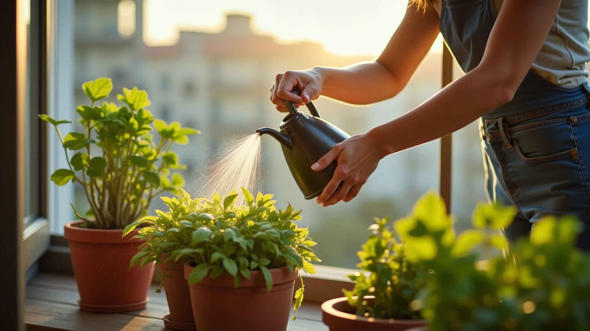 Mulher regando plantas exuberantes em vasos de barro em uma varanda ensolarada.