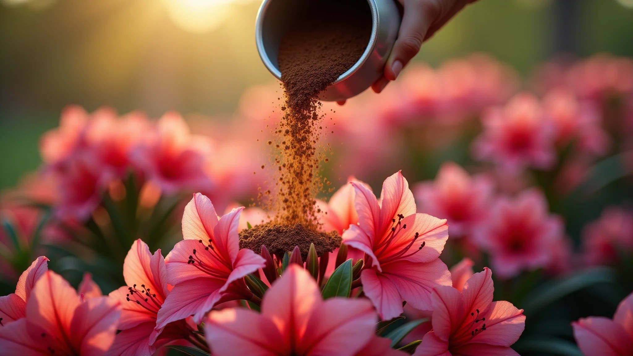 Adubação de azaleias com borra de café em um jardim florido sob a luz dourada do sol.