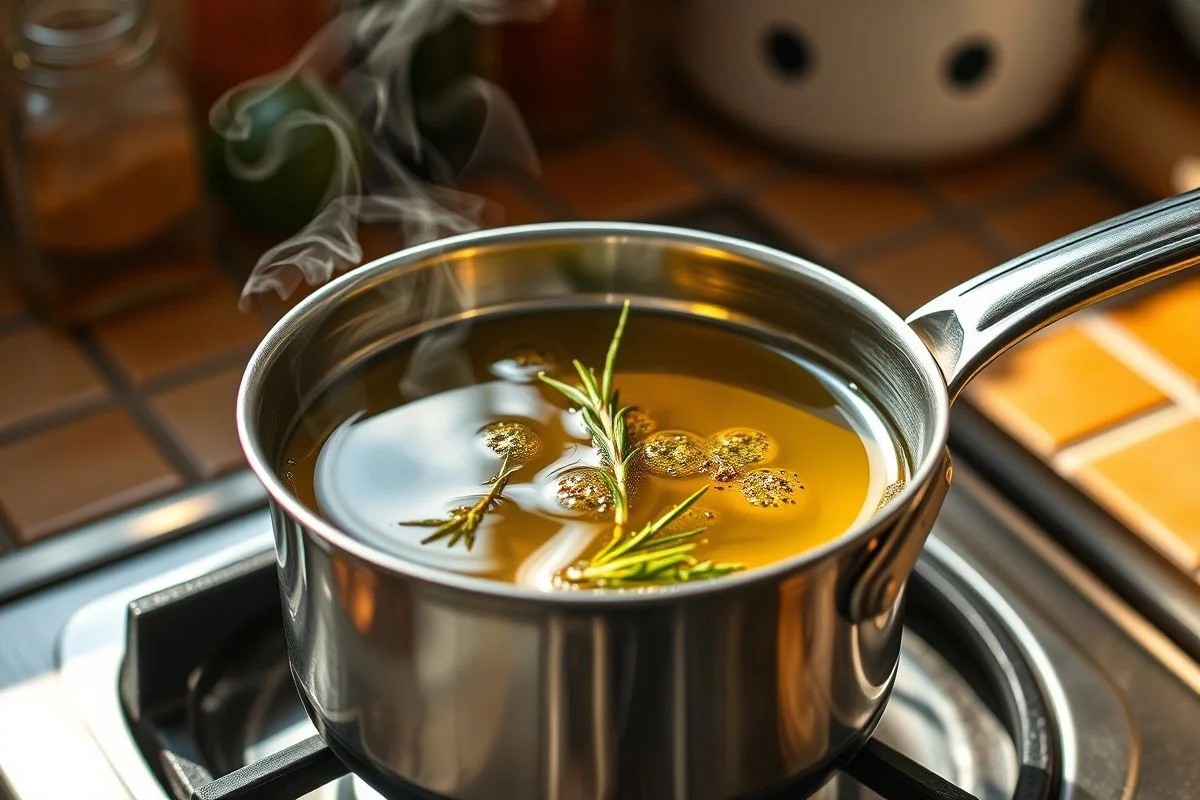 Azeite sendo aquecido com ervas em panela, método de infusão a quente, cozinha brasileira.