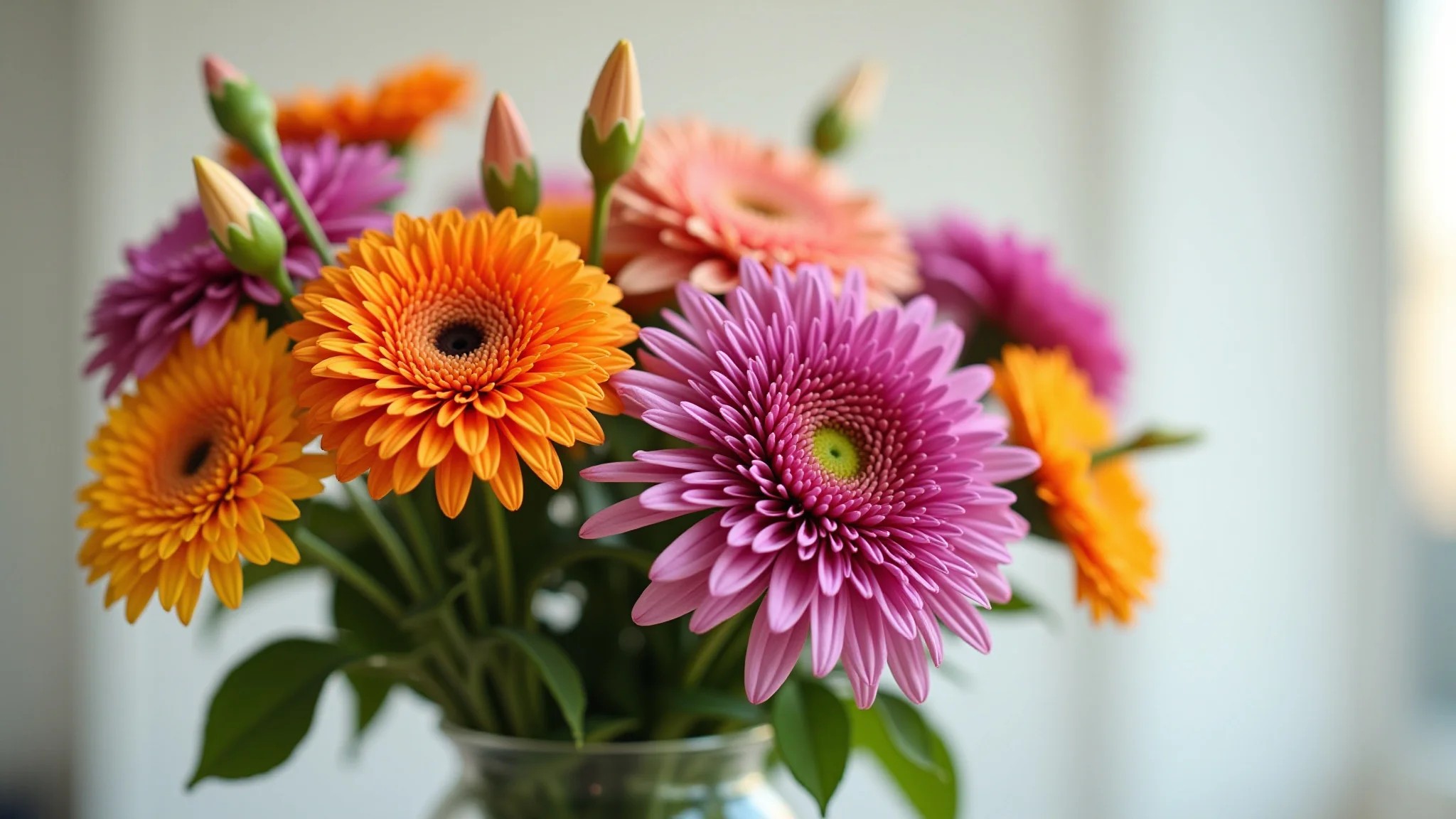 Buquê vibrante de flores mistas em vaso de vidro, iluminação natural.