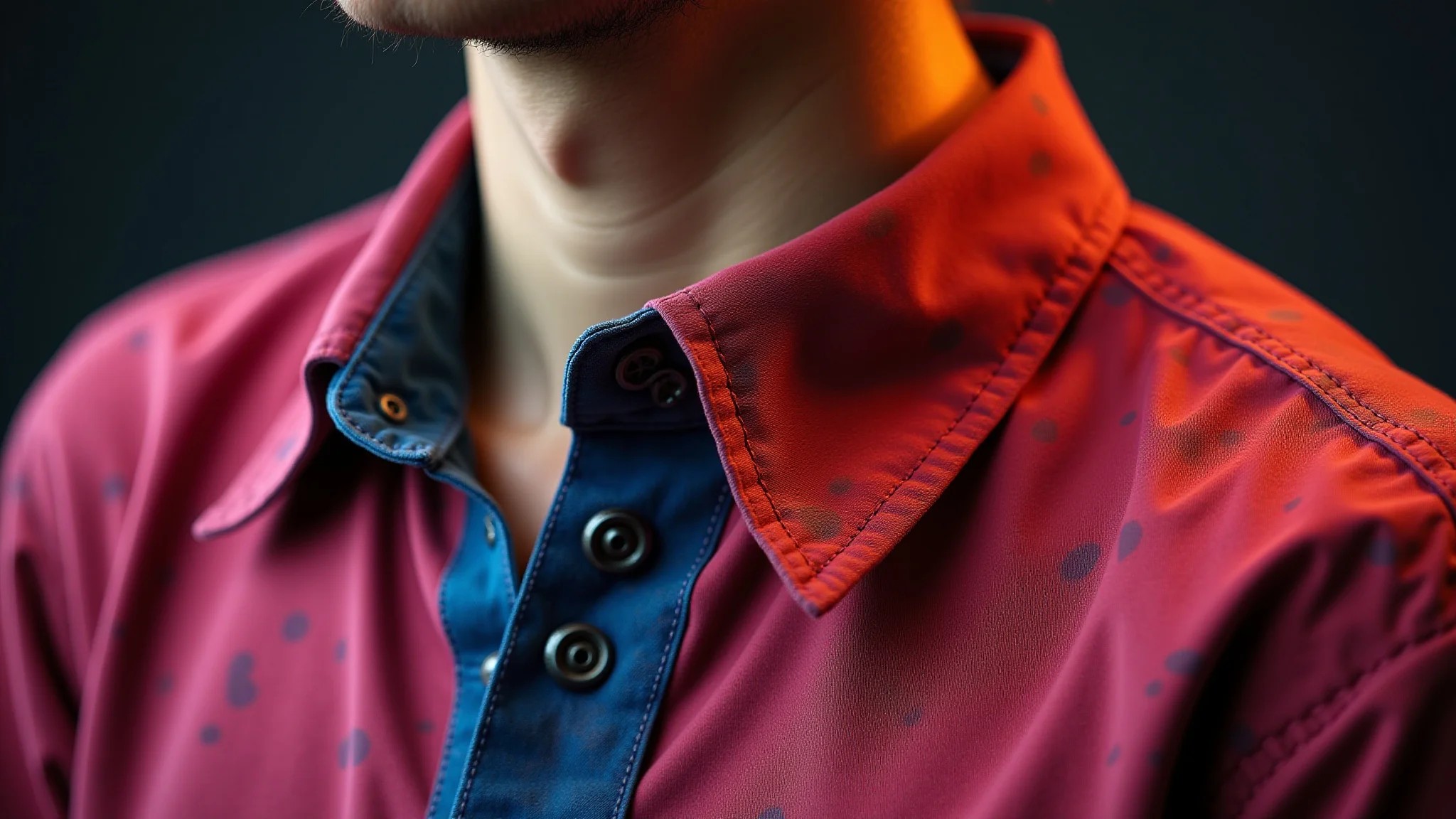 Camisa colorida com manchas escuras de mofo, detalhe da textura do tecido.