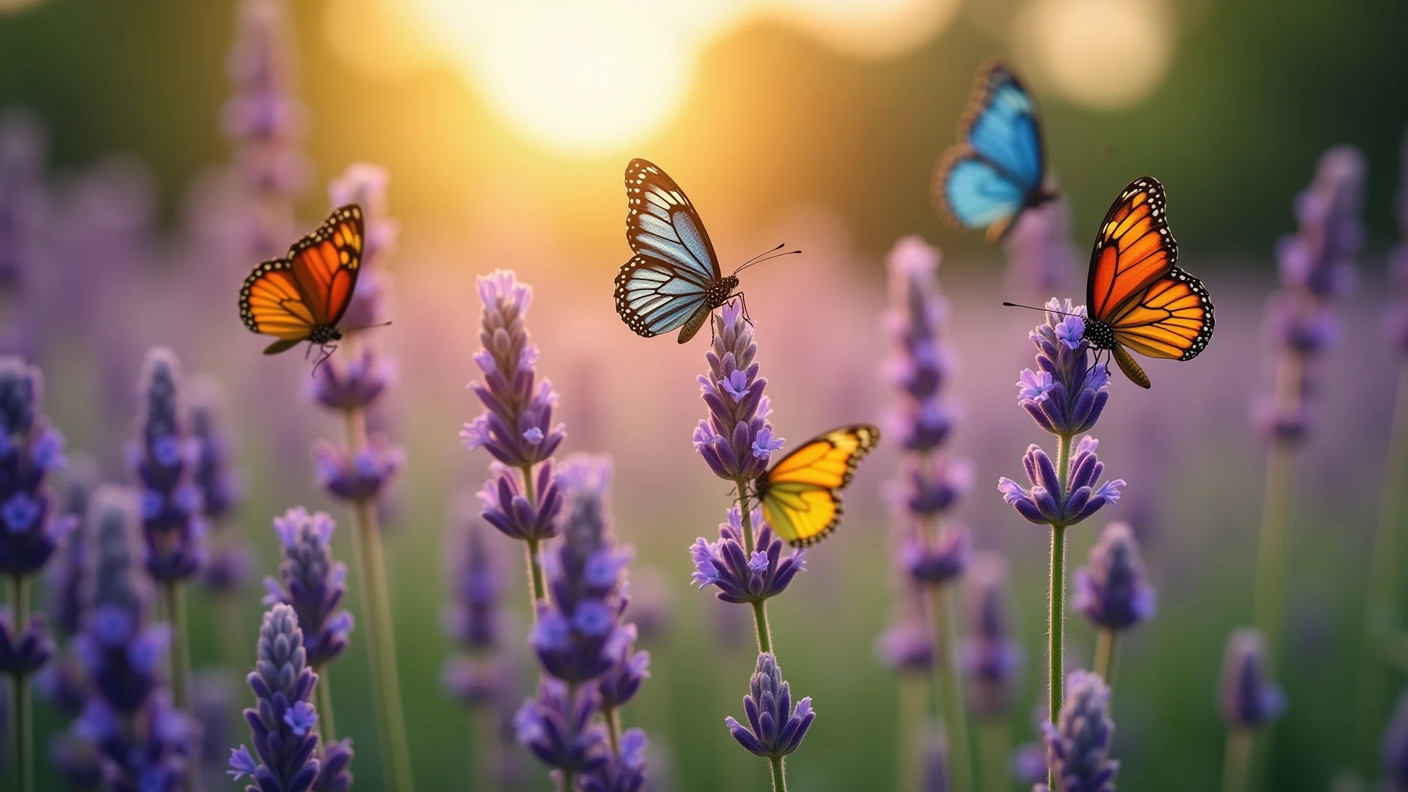 Jardim florido com lavanda e borboletas coloridas em dia ensolarado.