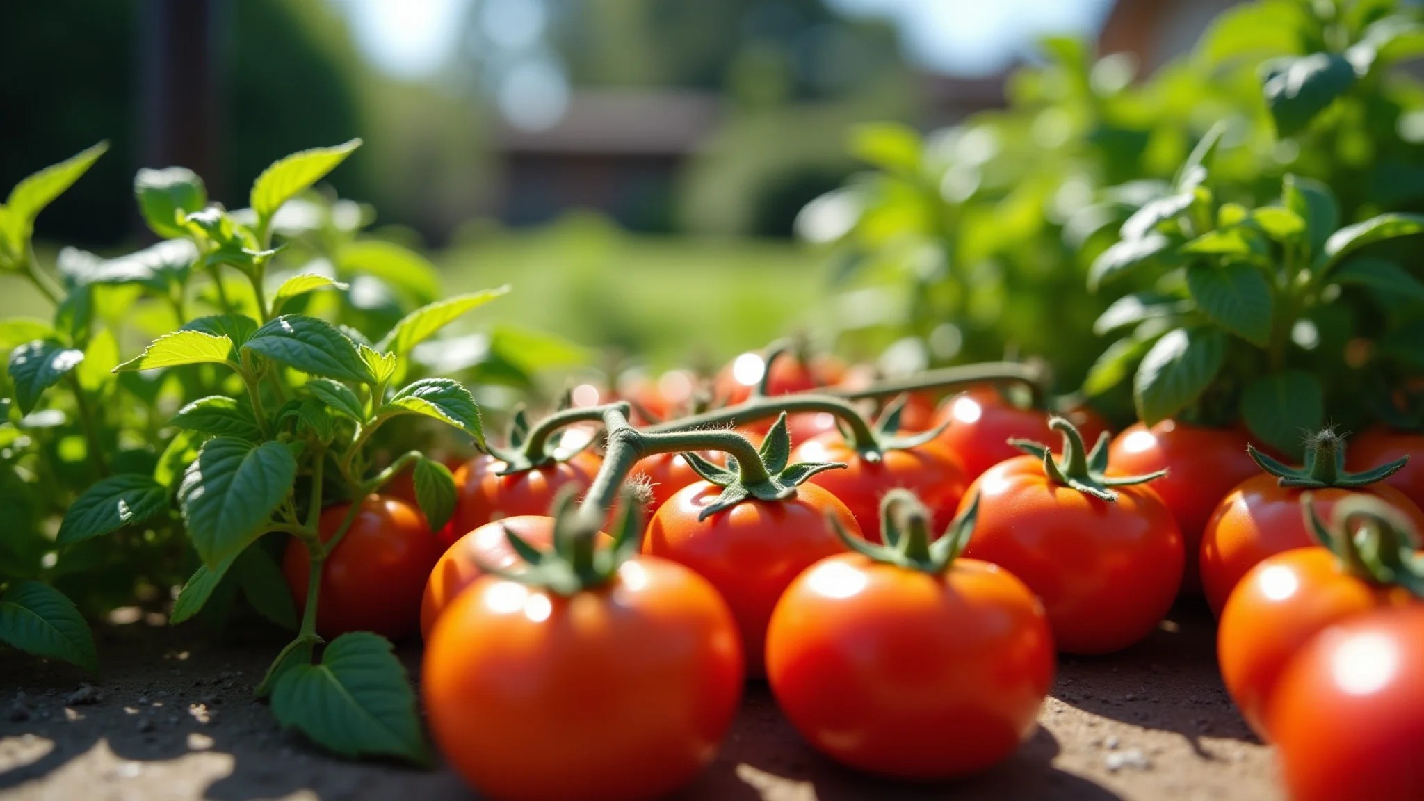 Horta caseira vibrante em quintal brasileiro, com tomates e ervas frescas sob a luz do sol.
