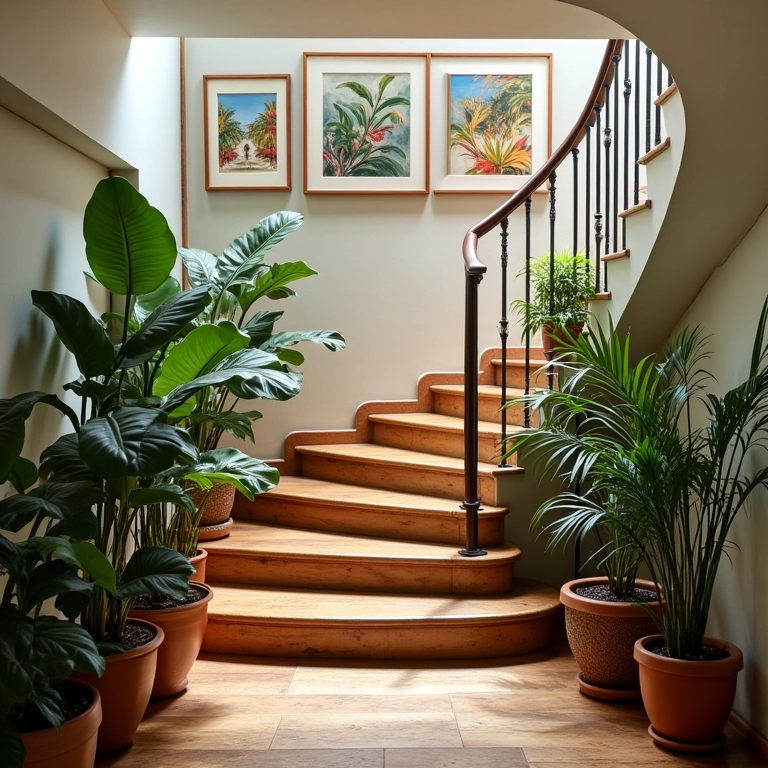 Combinação perfeita de quadros e plantas na decoração da escada.
