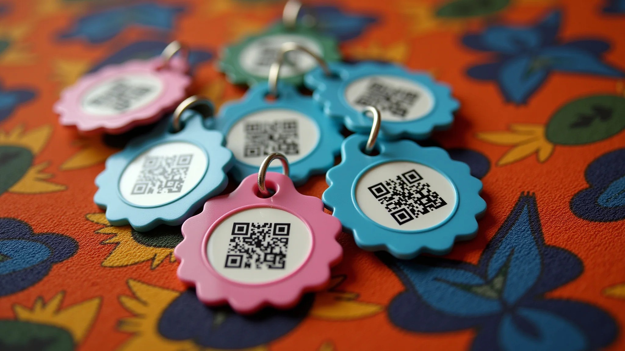 Coleção de RGs animais com QR codes em tecido colorido brasileiro.