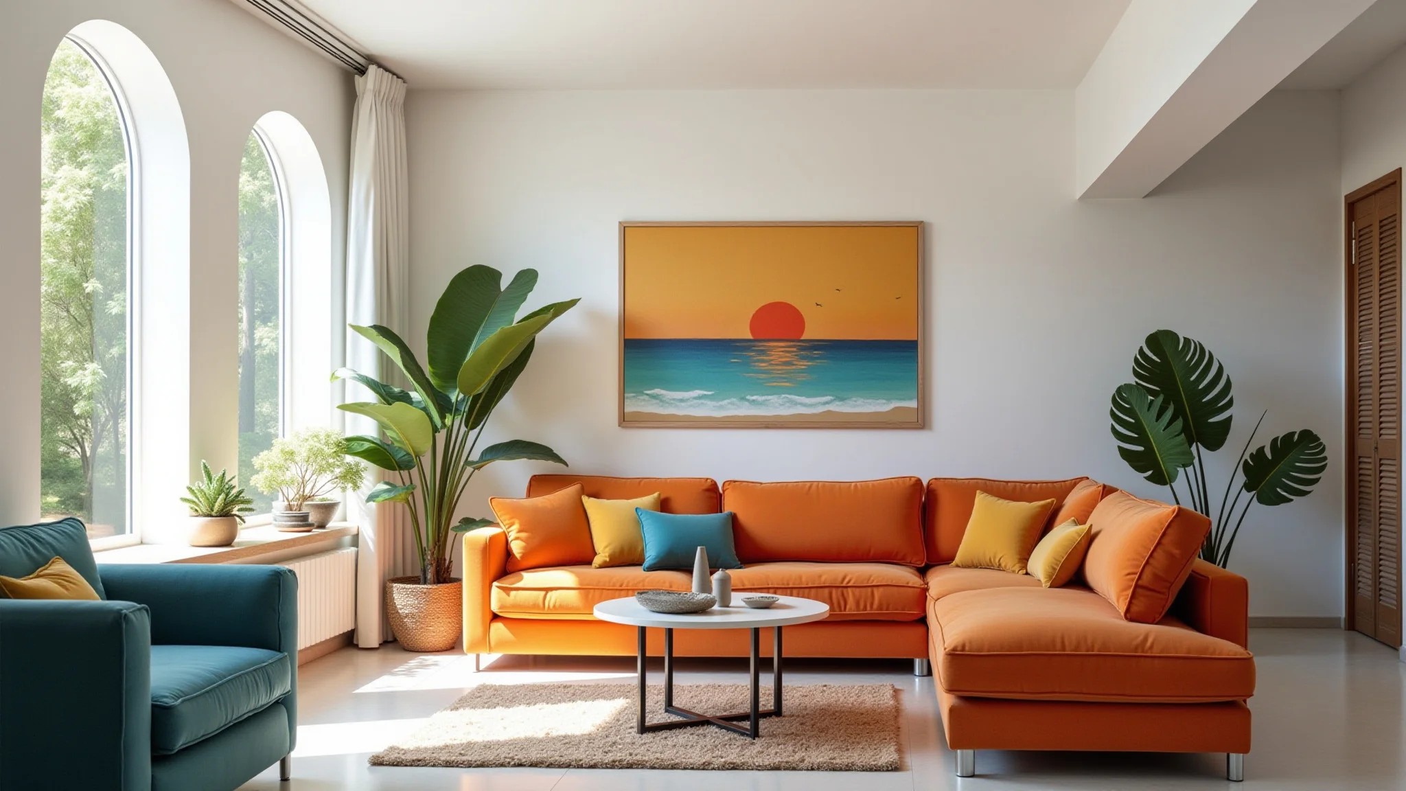 Sala de estar clara com paredes brancas e móveis coloridos em harmonia.