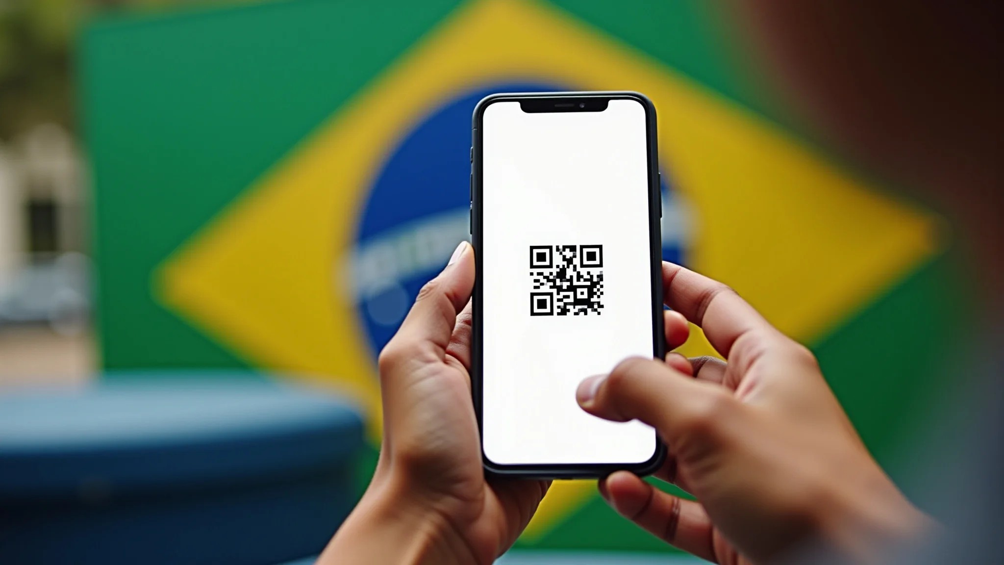 Mãos segurando smartphone com RG animal digital e QR code.