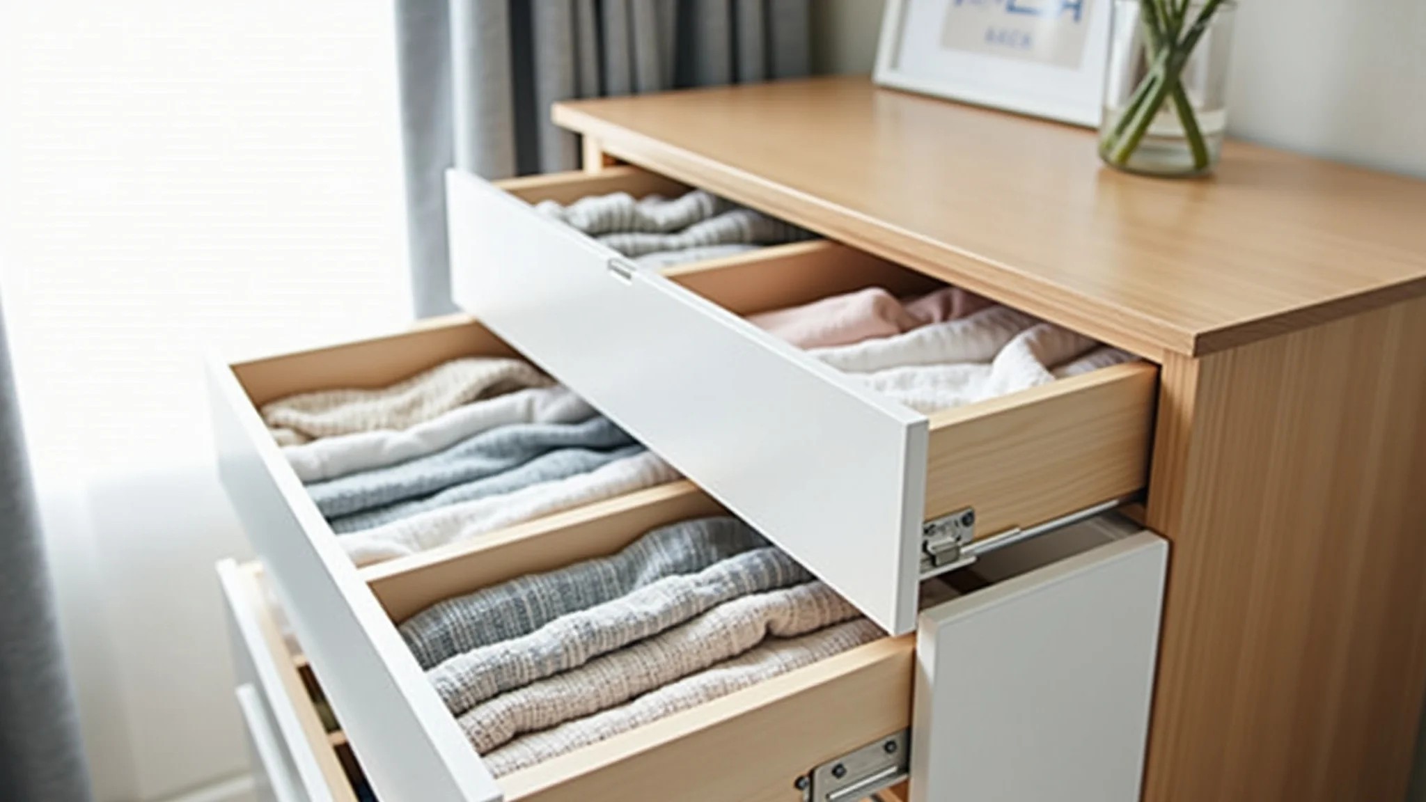 Cômoda de bebê com roupas dobradas verticalmente (método KonMari), gavetas organizadas.