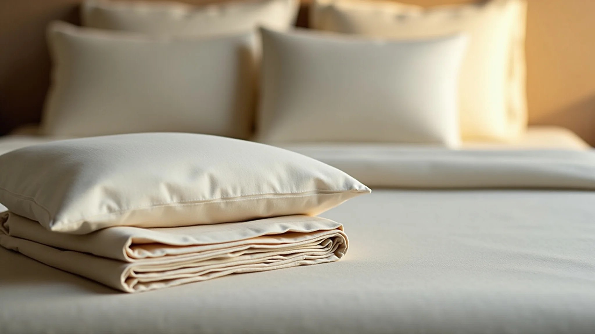 Roupa de cama dobrada em tons neutros, destacando a maciez dos lençóis de alta qualidade.