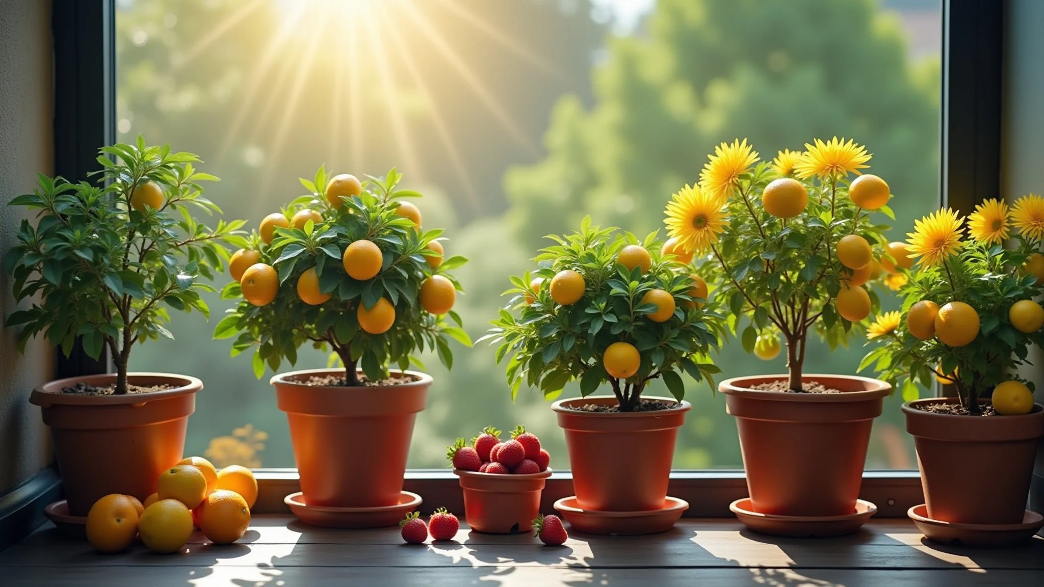 Variedade de árvores frutíferas em vasos, limões, tangerinas e morangos.