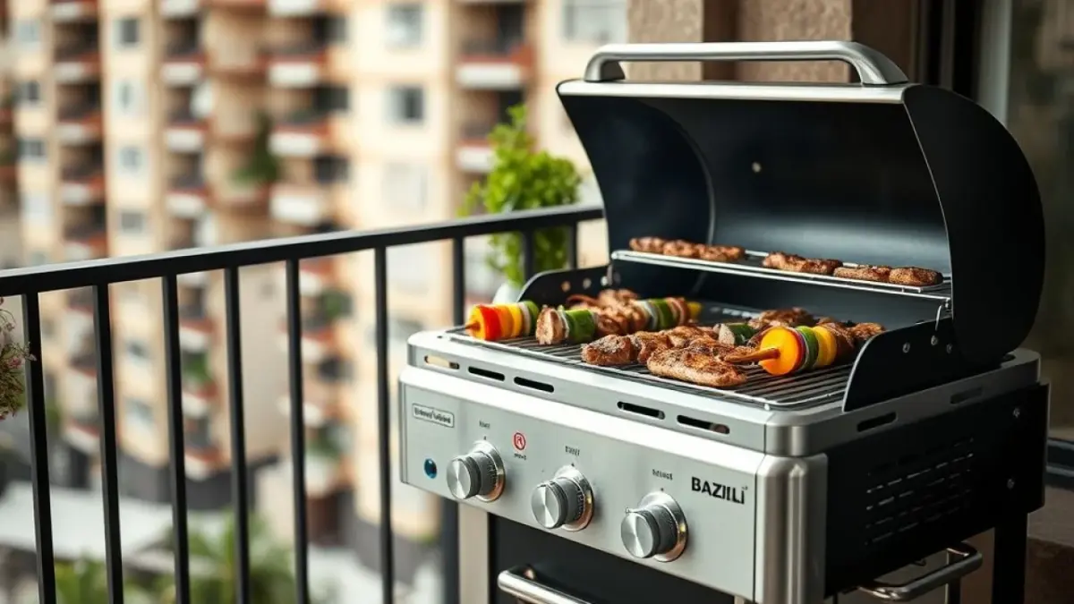 Compact Brazilian barbecue grill on a small gourmet balcony, stainless steel finish, close-up shot Churrasqueira compacta em varanda gourmet pequena com espetinhos sendo preparados.