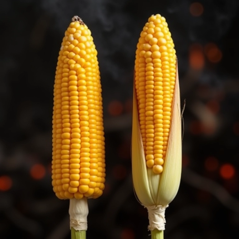 Comparação de milho na brasa com e sem palha, mostrando as diferenças.