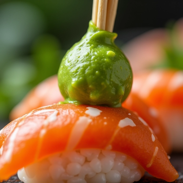 Comparação entre wasabi fresco ralado e pasta de wasabi artificial, destacando as diferenças.