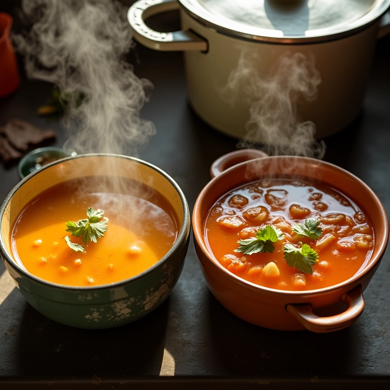 Comparativo entre caldo de galinha e caldo de carne em tigelas fumegantes.