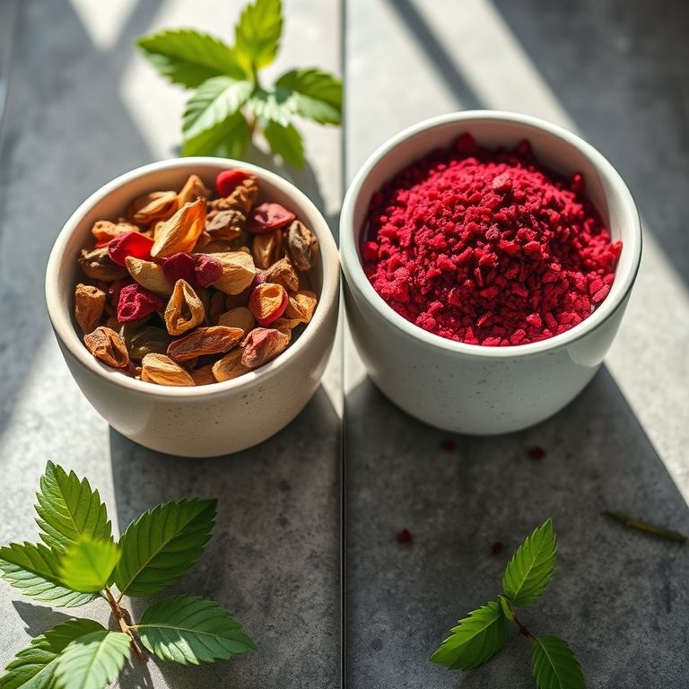 Comparativo: hibisco em flor inteira vs. triturado.