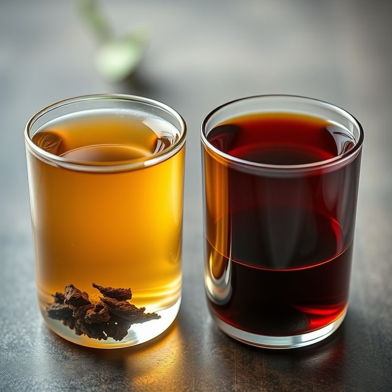 Comparativo visual: chá Pu-erh versus chá preto em xícaras de vidro.
