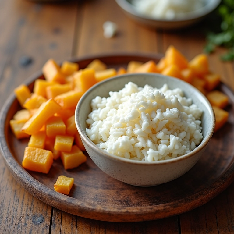 Comparativo visual entre arroz e batata como acompanhamento, destacando a versatilidade de ambos.