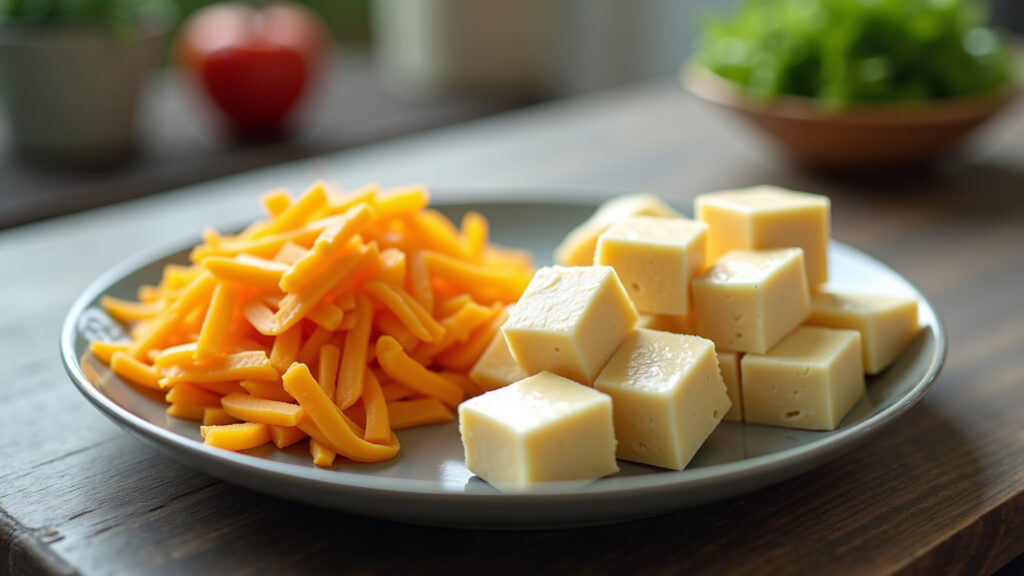 Comparison of tofu and traditional cheese on a plate, side by side. Natural light, 8K quality, Comparação entre tofu e queijo tradicional em um prato.
