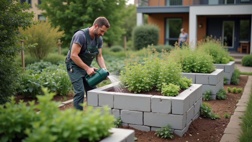 Concrete block raised garden, organic vegetables, mid-age man watering, modern design, commercial Horta elevada com blocos de concreto, cultivando vegetais orgânicos.