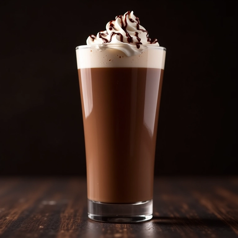 Copo alto de café gelado com chocolate e chantilly.