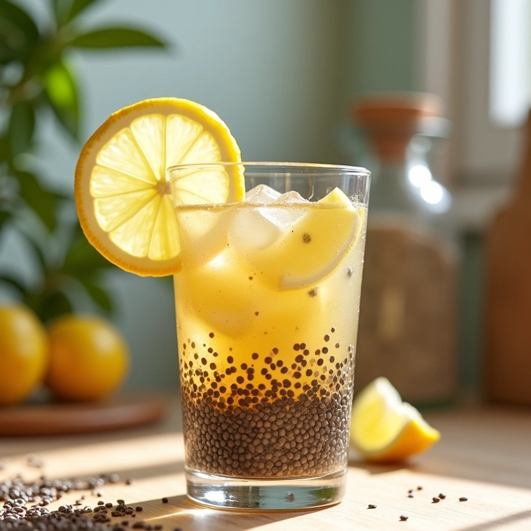 Copo de água de chia com limão em cozinha colorida estilo Farm Rio.