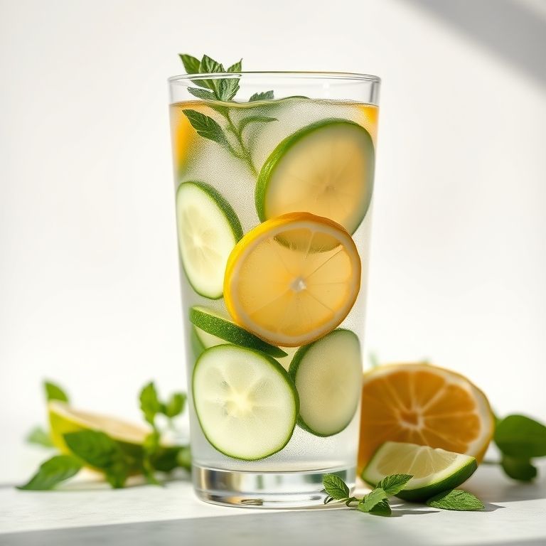 Copo de água saborizada de limão e pepino com ingredientes.