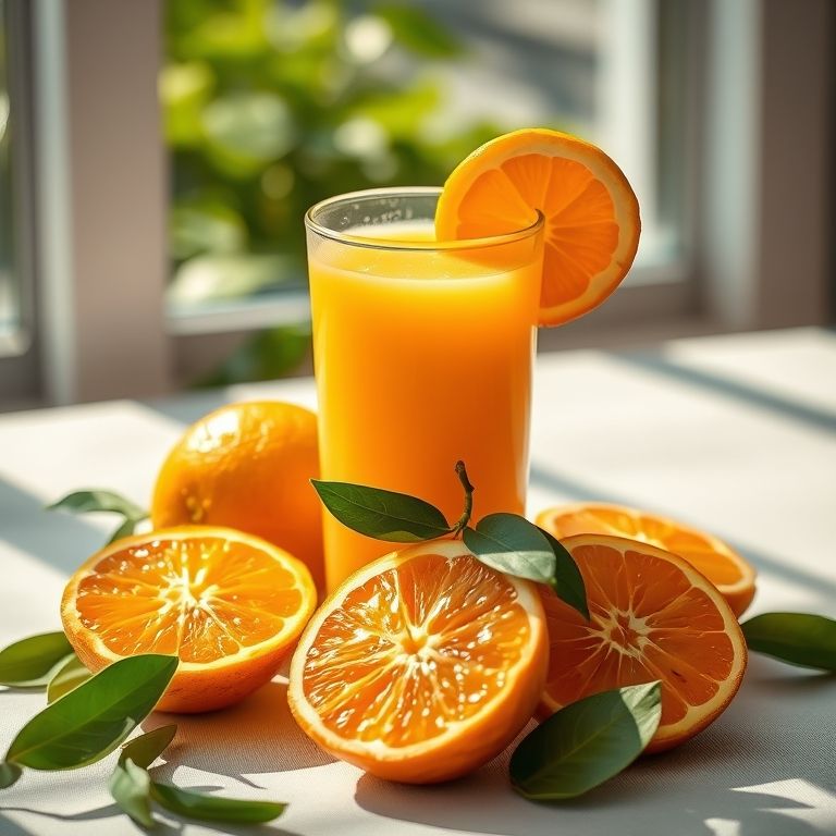 Copo de suco de Laranja Moro fresco ao lado de laranjas inteiras e cortadas.