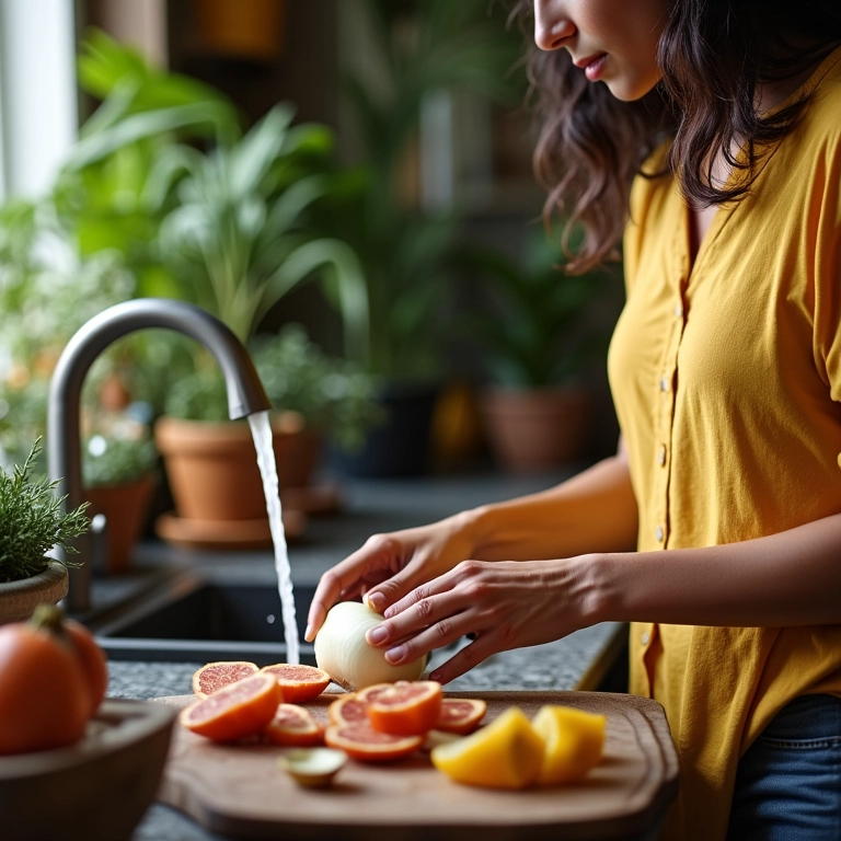 Cortando cebola perto da água corrente para evitar lágrimas.