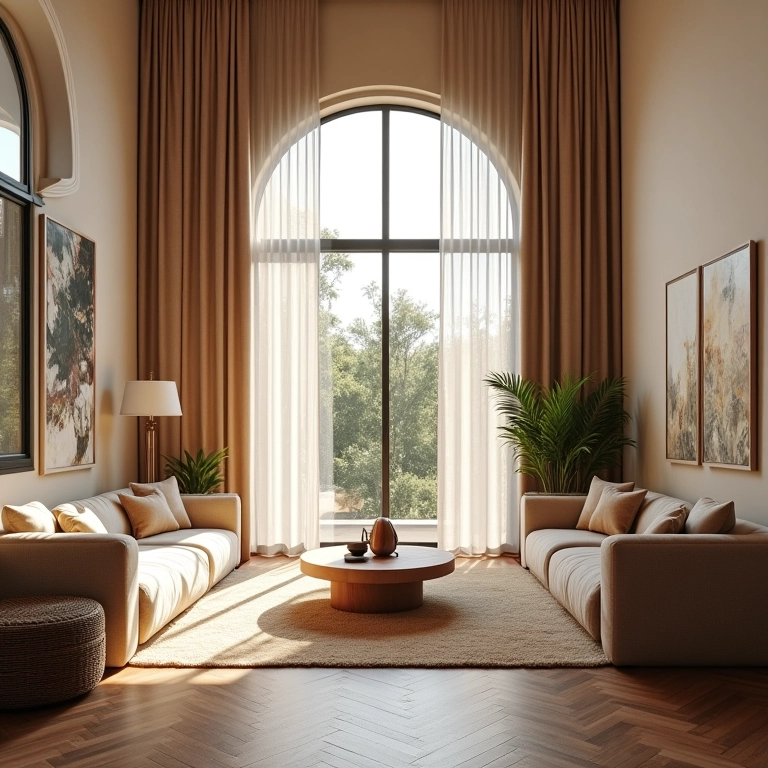 Cortinas imponentes do chão ao teto em sala com pé direito duplo e decoração brasileira.