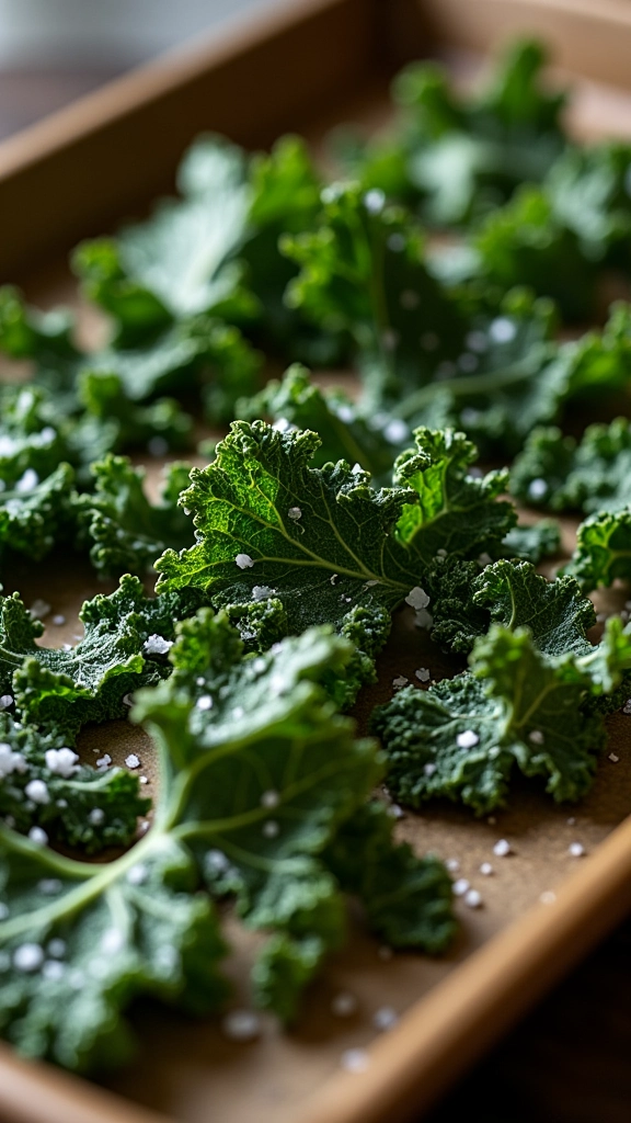 Couve crispy assada no forno com sal marinho.