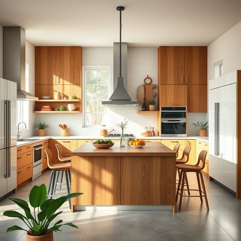 Cozinha moderna e iluminada com ilha central de madeira e decoração brasileira vibrante.