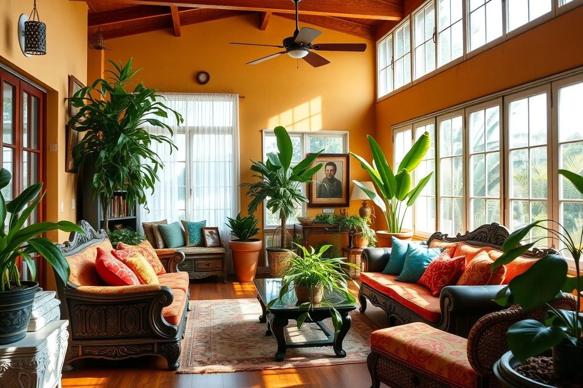 Sala brasileira aconchegante com móveis reaproveitados e luz natural.