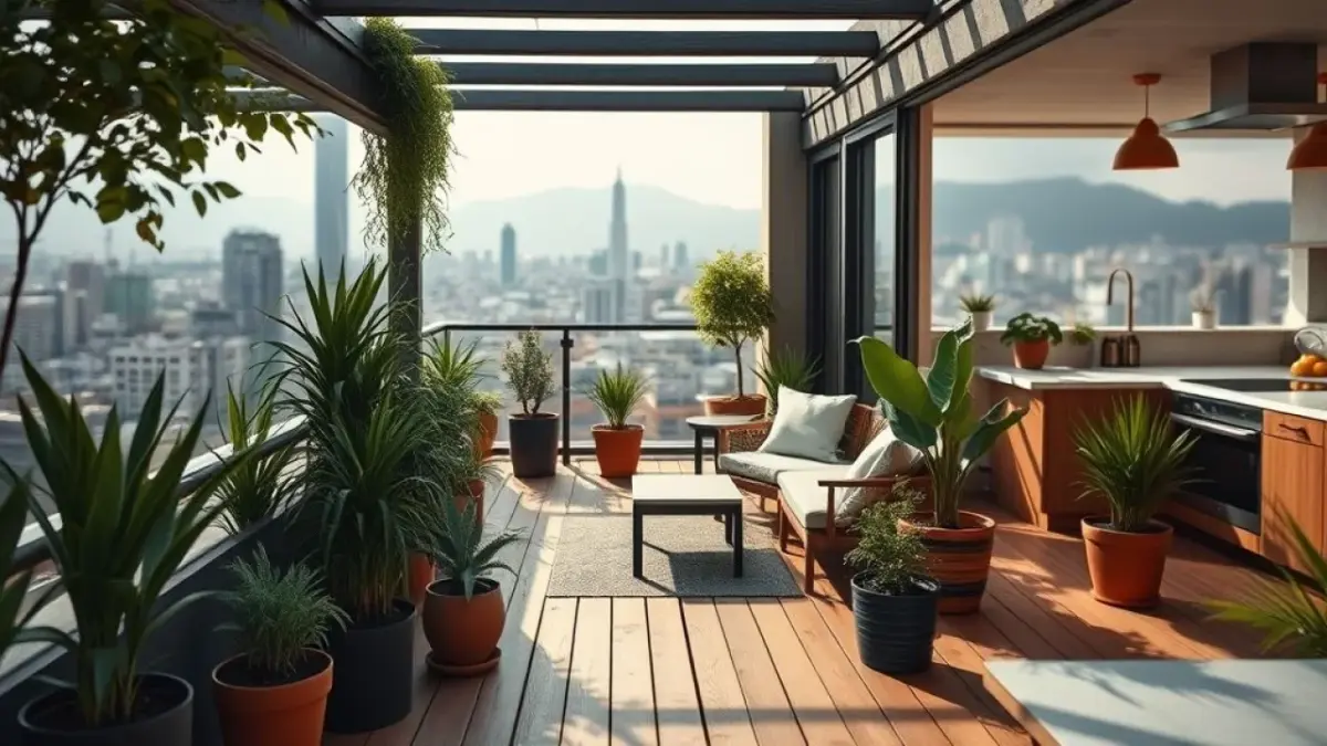 Cozy small Brazilian gourmet balcony, natural light, wooden deck flooring, potted plants, Varanda gourmet pequena decorada com plantas e móveis confortáveis em apartamento brasileiro.