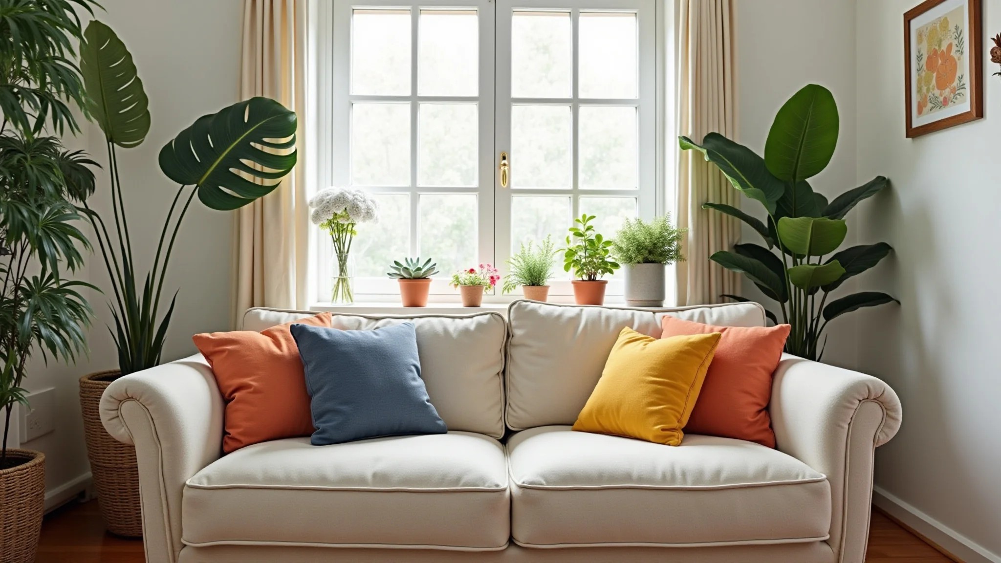 Sala pequena aconchegante com sofá claro, almofadas coloridas e plantas.