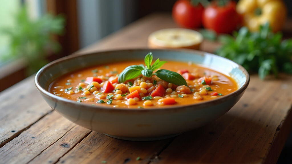 Creamy lentil soup with colorful vegetables, rustic wooden table, natural light, professional Sopa cremosa de lentilha com legumes frescos.