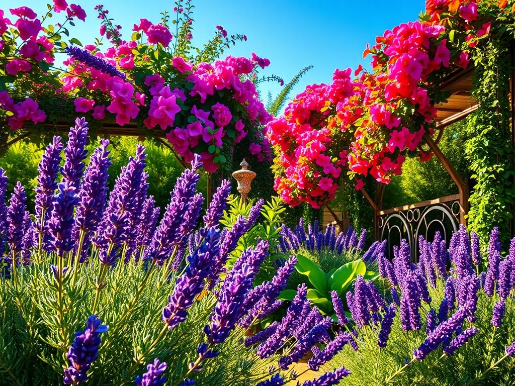 Jardim mediterrâneo no Brasil: lavanda, alecrim, buganvília, gerânios e gazânias em um quintal ensolarado