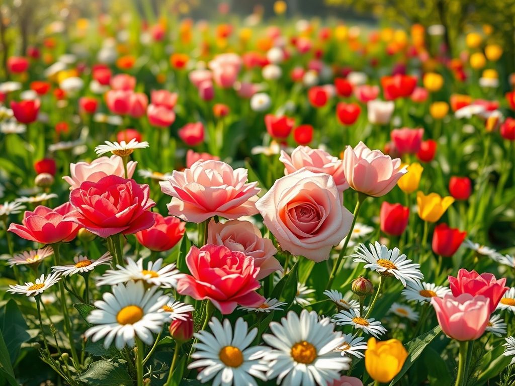 Jardim florido na primavera: rosas, margaridas, tulipas e girassóis em plena floração.