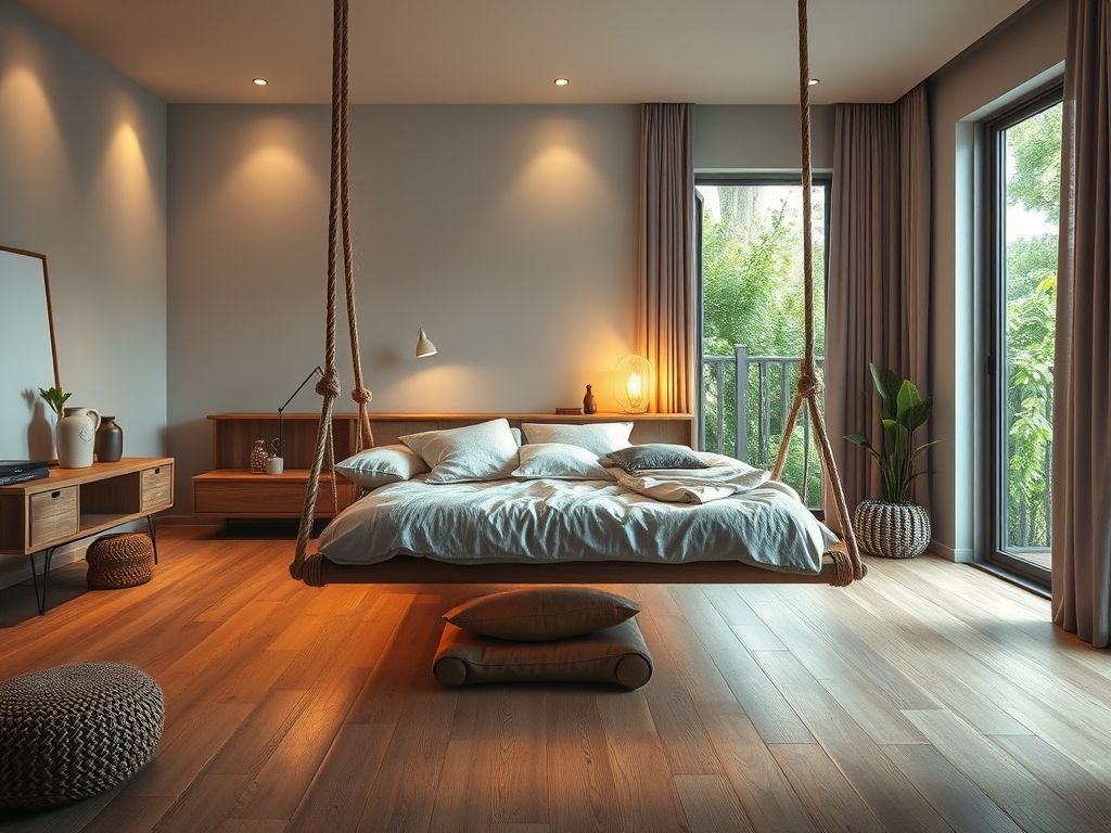 Cama suspensa DIY otimizando espaço em quarto pequeno. Decoração moderna e aconchegante.