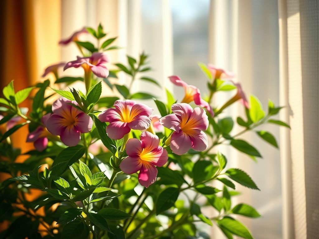 Planta florida recebendo luz solar indireta em casa. Iluminação para plantas com flor.