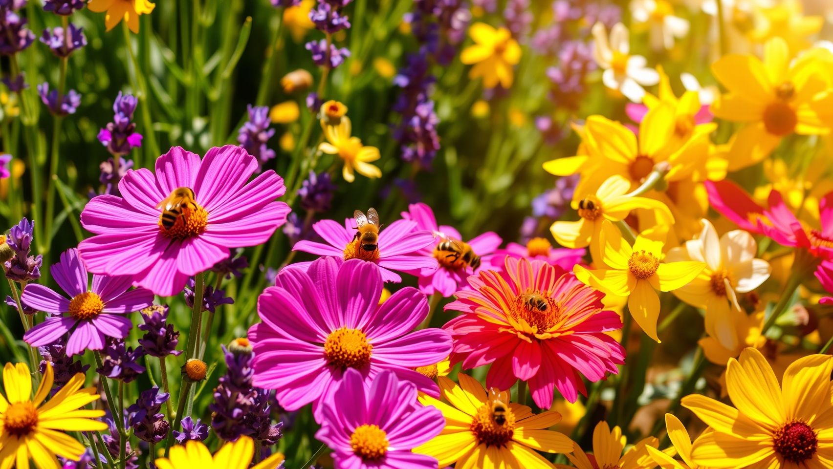 Horta para abelhas com flores coloridas e abelhas polinizando. Atraia polinizadores e ajude o meio ambiente.