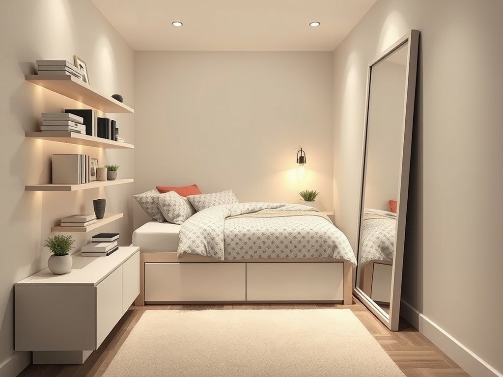 Quarto pequeno decorado com móveis multifuncionais e cores claras para otimizar o espaço. Dicas para decorar quartos pequenos e aconchegantes.