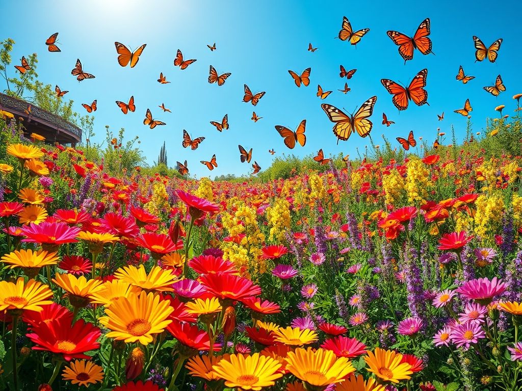 Jardim atraente para borboletas: Flores vibrantes, borboletas coloridas e um oásis de polinização