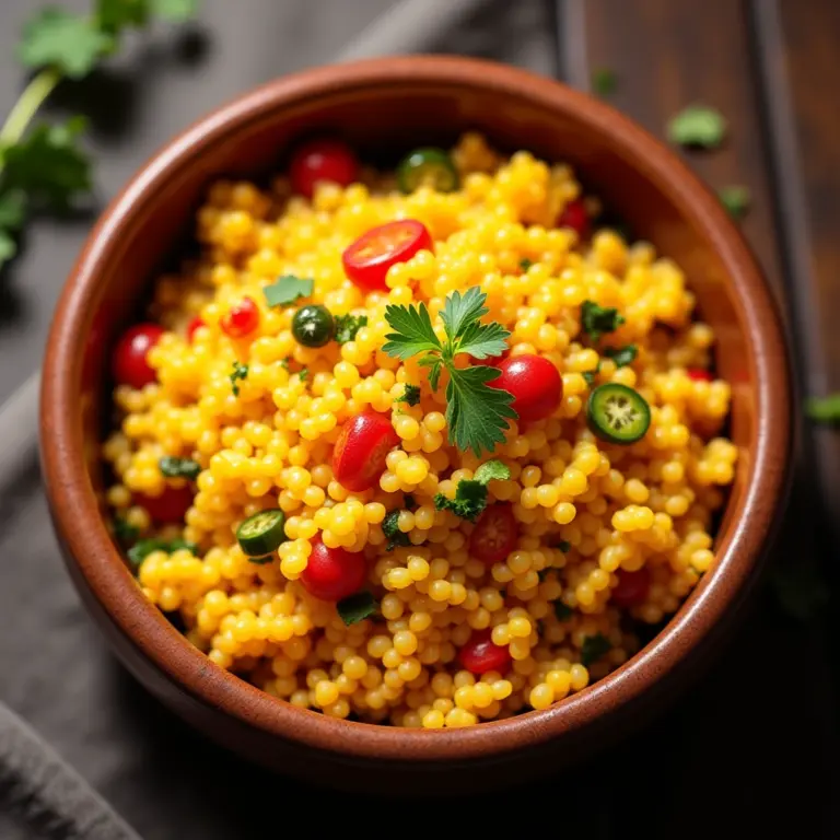 Cuscuz marroquino com legumes coloridos e ervas frescas, pronto para ser servido.