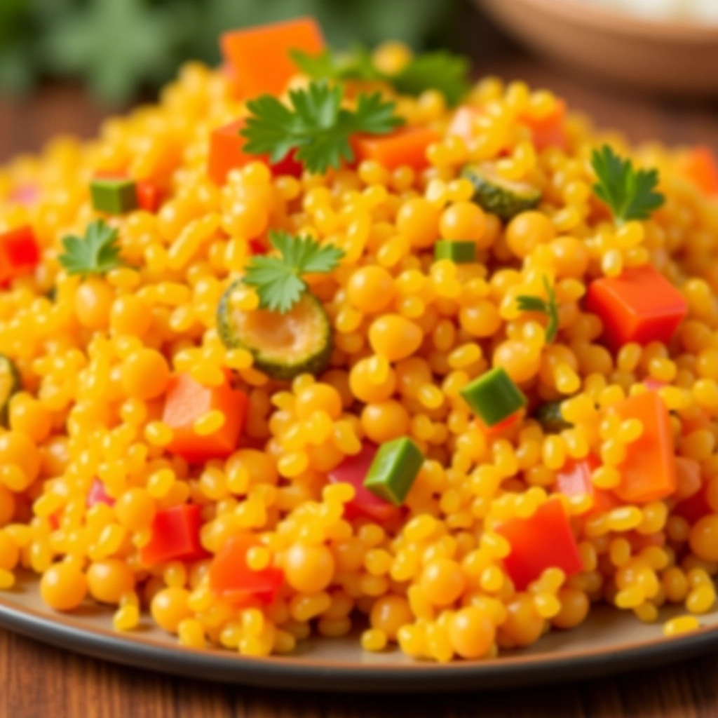 Cuscuz marroquino vegetariano com abobrinha, pimentões, grão de bico e cenouras.