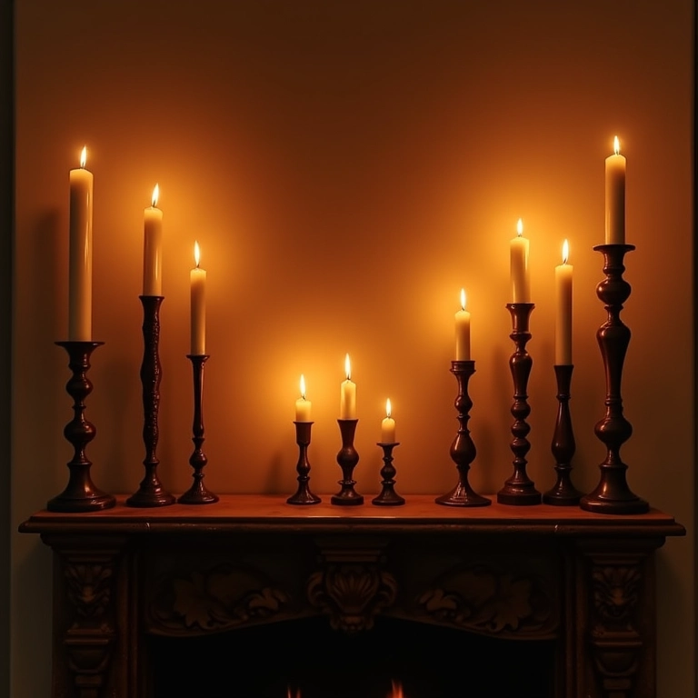 Decoração de lareira com velas e castiçais criando ambiente acolhedor.