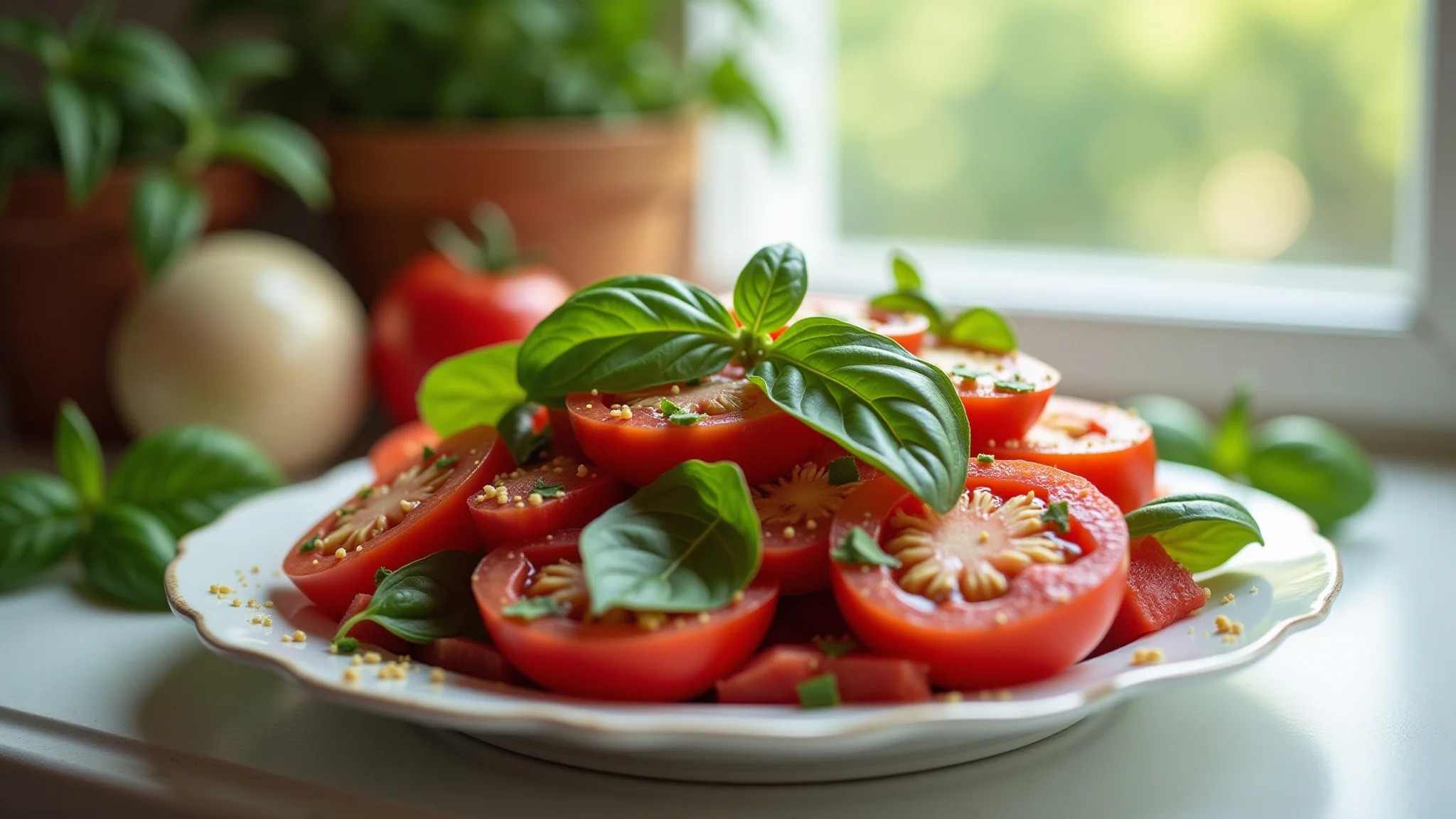 Deliciosa salada de tomate e manjericão feita com ingredientes da horta caseira, cozinha clara e arejada.