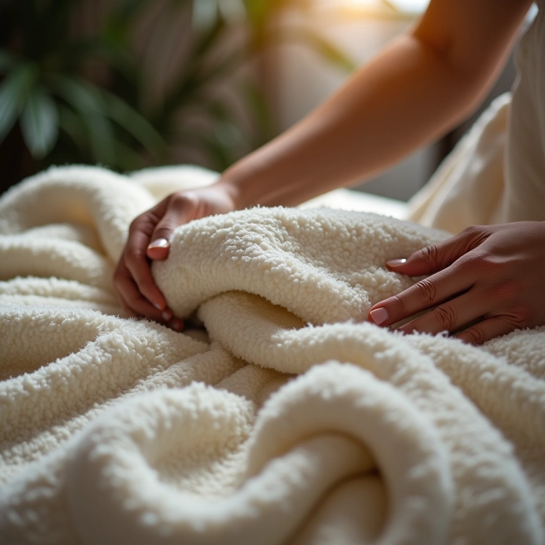 Detalhe de mãos arrumando manta macia no sofá.