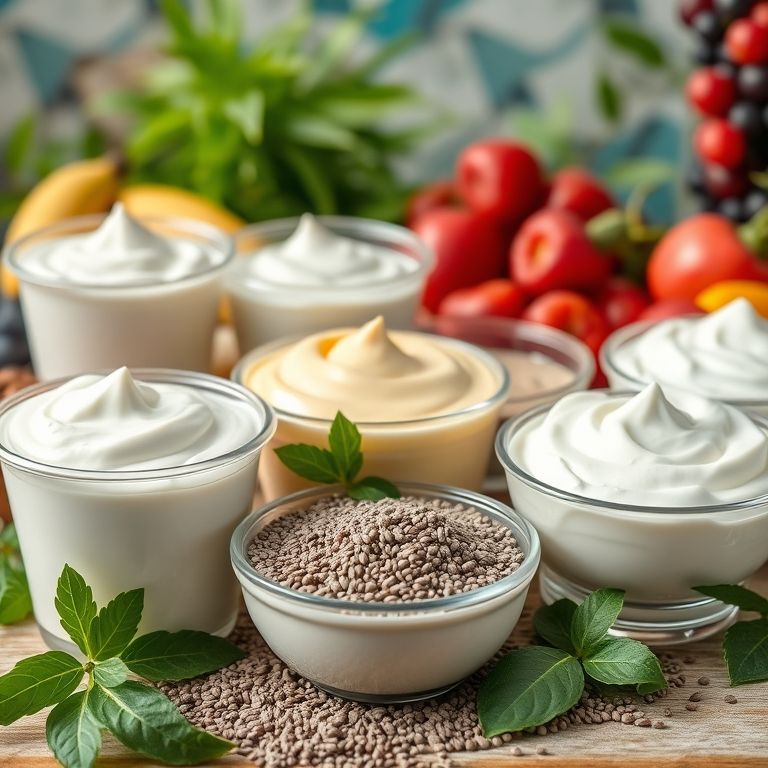 Diferentes tipos de iogurte com chia ao lado.
